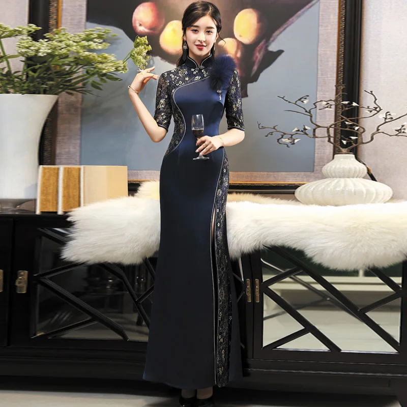 

Sexy Perspective Mesh Oriental Style Party Dresses Split Long Cheongsam Women Annual Meeting Traditional Chinese Evening Dress