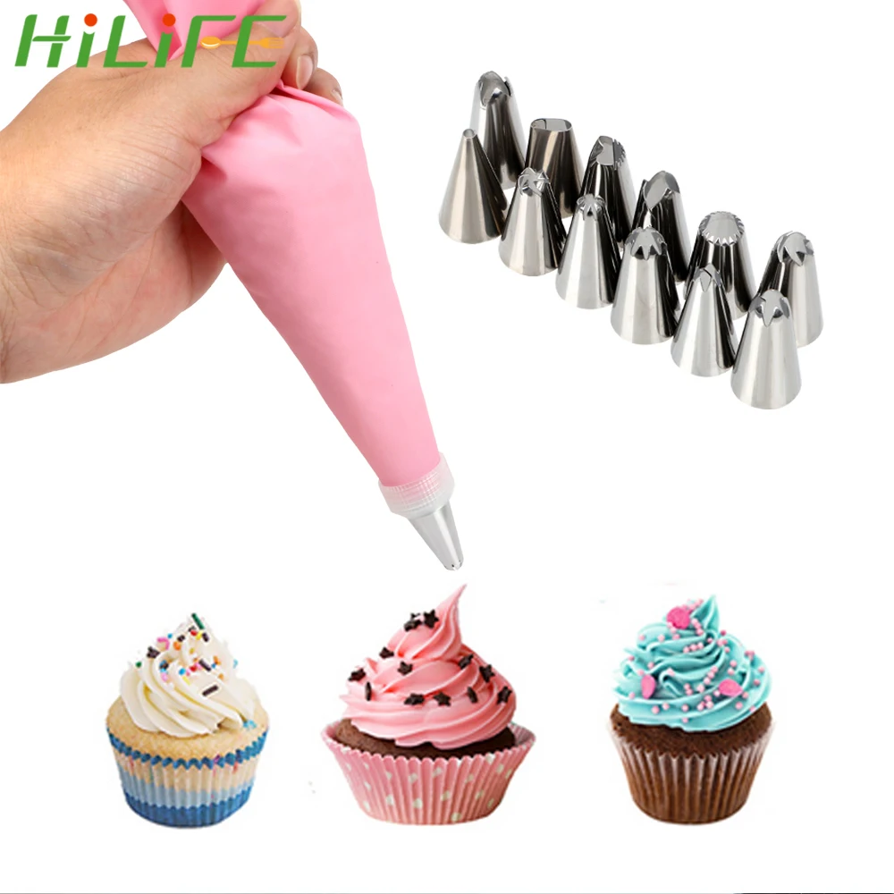

HILIFE 14pcs/set Icing Piping Cream Pastry Bag +12 Nozzle Sets Pastry Tips Converter DIY Cake Decorating Tool Reusable Silicone