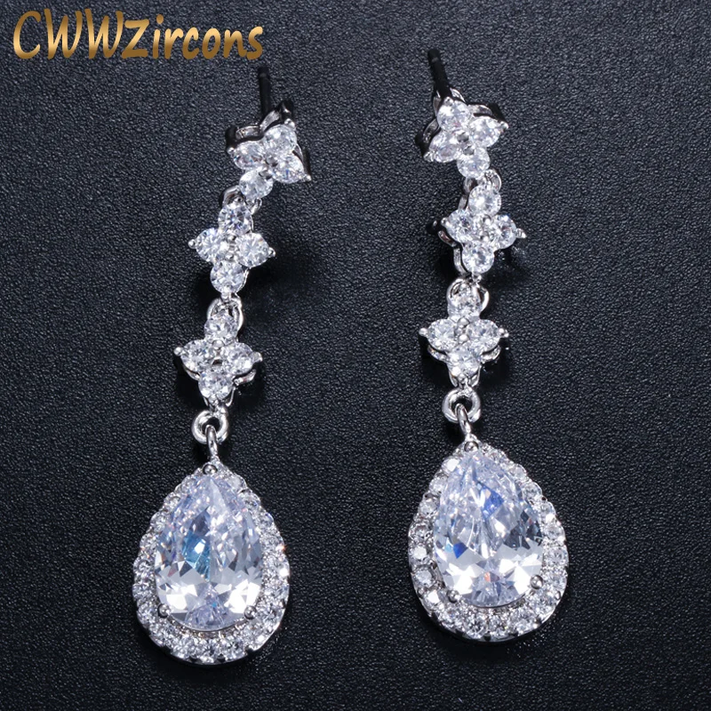 

CWWZircons Brilliant White AAA+ Cubic Zirconia Crystal Tear Drop Long CZ Earrings For Women Fashion Ear Jewelry CZ082