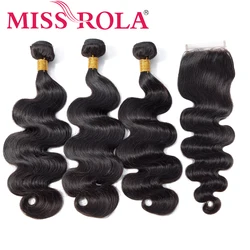 Miss Rola Brazilian Hair Weave Bundles with Closure 100% Human Hair Natural Color Brazilian Body Wave Non-Remy Hair Extension