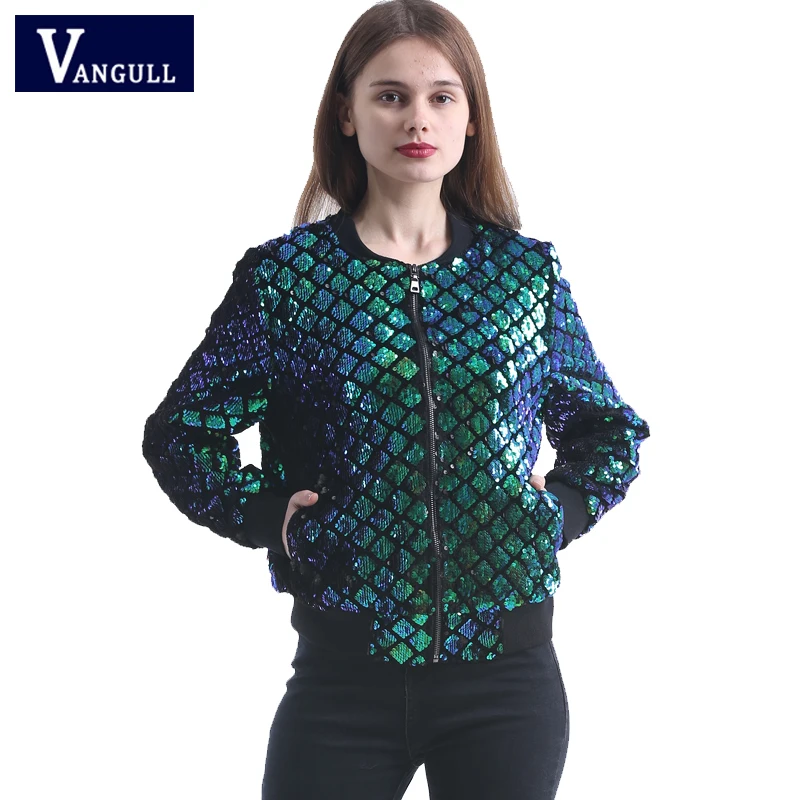 

2018 Autumn & Winter hot sale Women's Clothing O-Neck zipper short coat Green sequins Casual loose ladies jacket