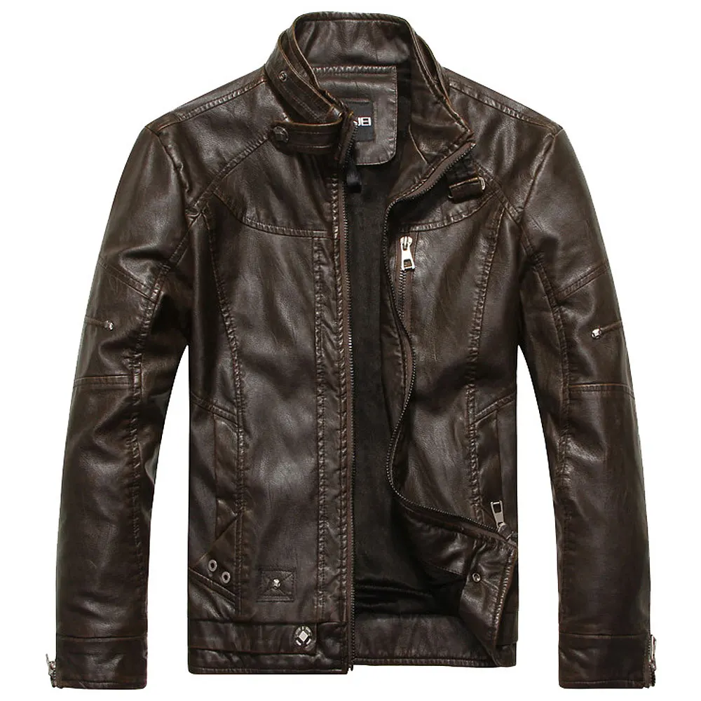 Style2 Coffee Jaqueta Couro Masculino, мужская куртка из искусственной кожи, меховая подкладка, воротник-стойка, мотоциклетные кожаные куртки на молнии, мужское пальто, s-xxxl - Цвет: Style2 Coffee