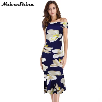 

Naive Shine Elegant Slash neck Sexy Party Dresses Off Shoulder Floral Print Mermaid Bodycon Women's Casual 2018 Summer Dress