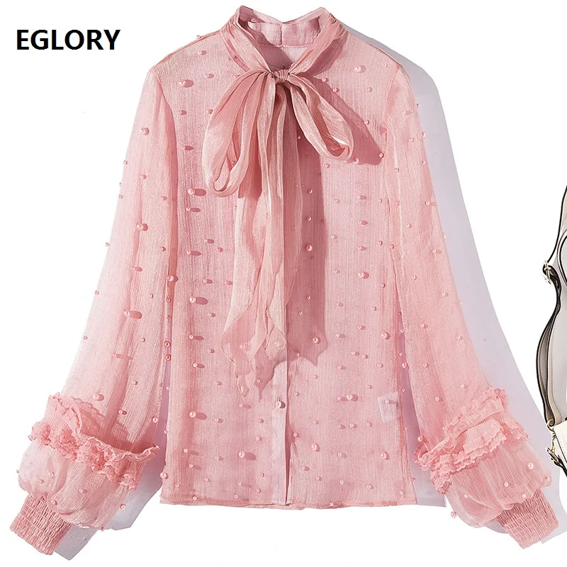 

New Korean Fashion Blouse 2019 Spring Summer Bow Shirt Ladies Pearl Beading Long Sleeve White Black Pink Shirt Blouse Female