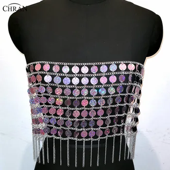 

Chran Purple Sequins Beads Crop Top Chain Crystal Choker Necklace Halter Bra Beach Bikini Wear Cover Party Festival Body Jewelry