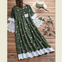 Женские льняные летние длинные платья с коротким рукавом размера плюс, женские повседневные платья с цветочным принтом, кружевные платья с круглым вырезом, сарафан, одежда