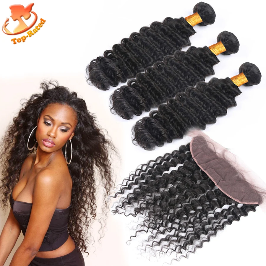 Brazilian Deep Wave With Lace Frontal Closure And Bundles,Cheap Unprocessed Virgin Human Hair Bundles With Lace Frontal Closures