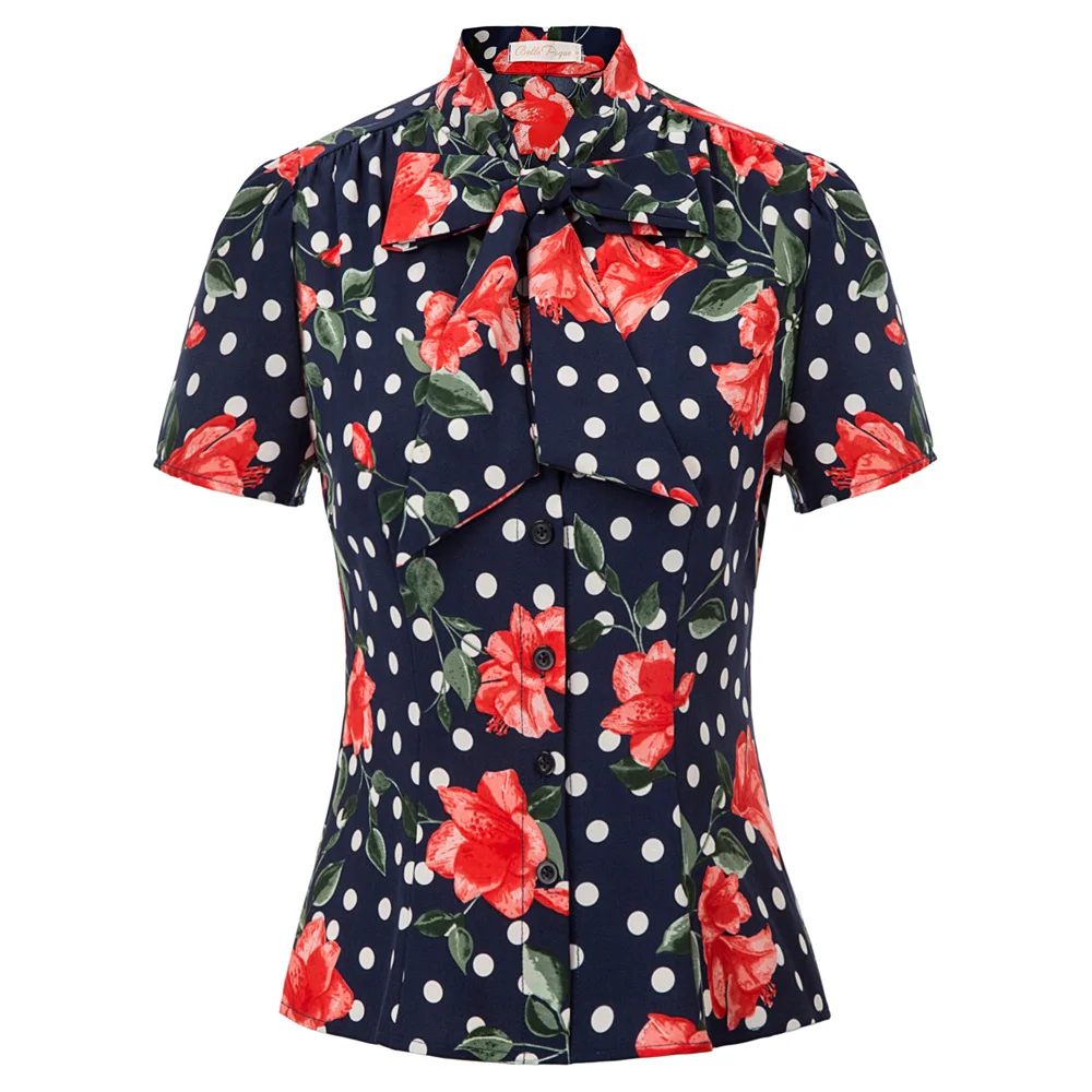 

vintage Women's shirt Stylish Floral Pattern Short Sleeve Bow-Knot Shirt elegant retro vintage Tops summer business OL office