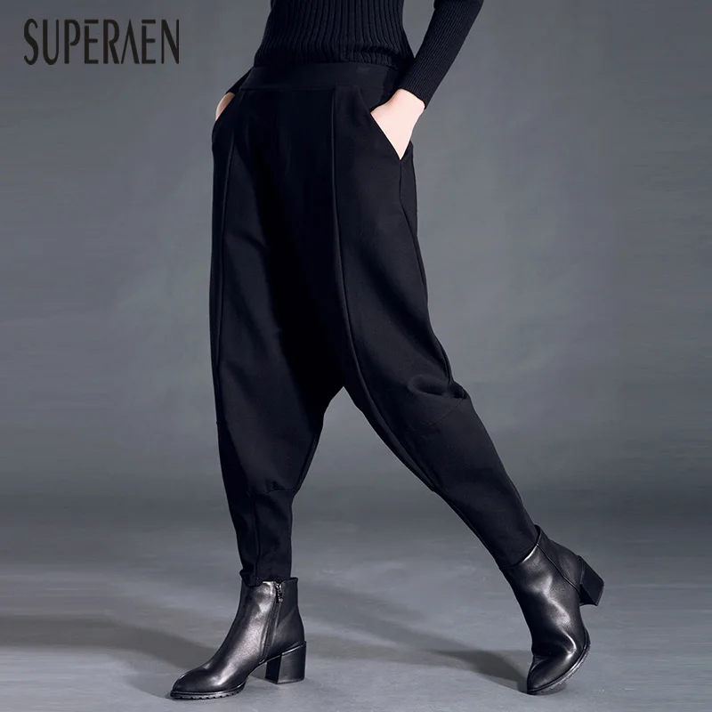 

SuperAen 2018 New Autumn and Winter Women's Casual Pants Loose Harem Pants Pluz Size Solid Color Cotton Long Pants Female