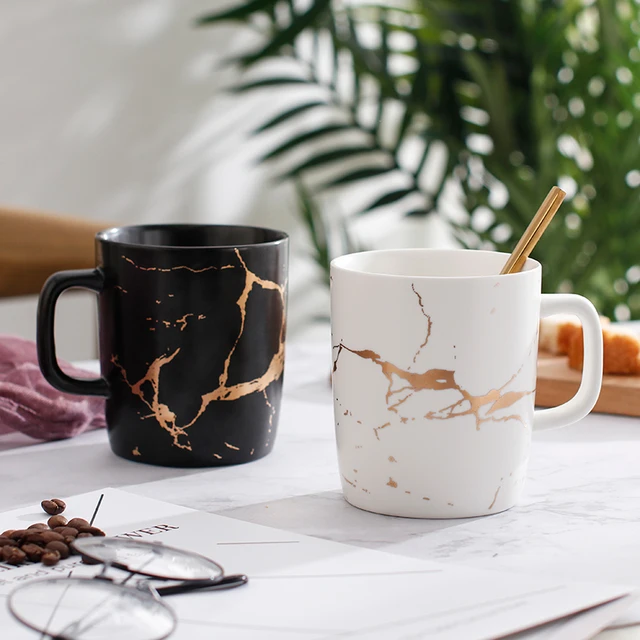 $US $14.95 380ml marble with gold inlay ceramic coffee mugs matte finish black and white office drinking milk 