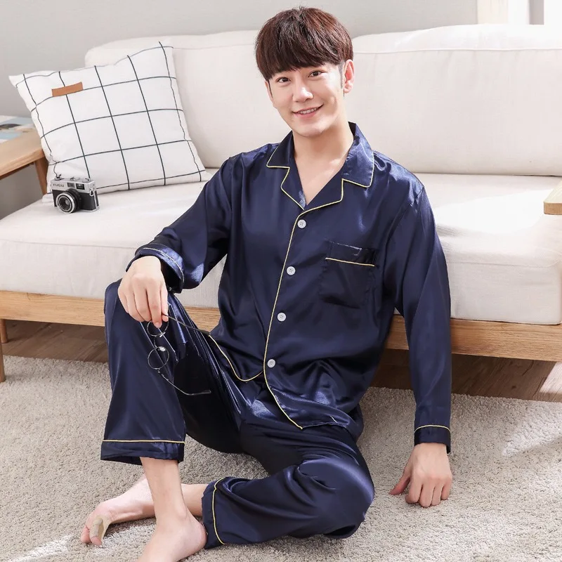 Атласная Шелковая пижама длинная для мужчин Осенняя Пижама мужской пижамный комплект мягкая ночная рубашка для мужчин Пижама для сна большой размер M-3XL