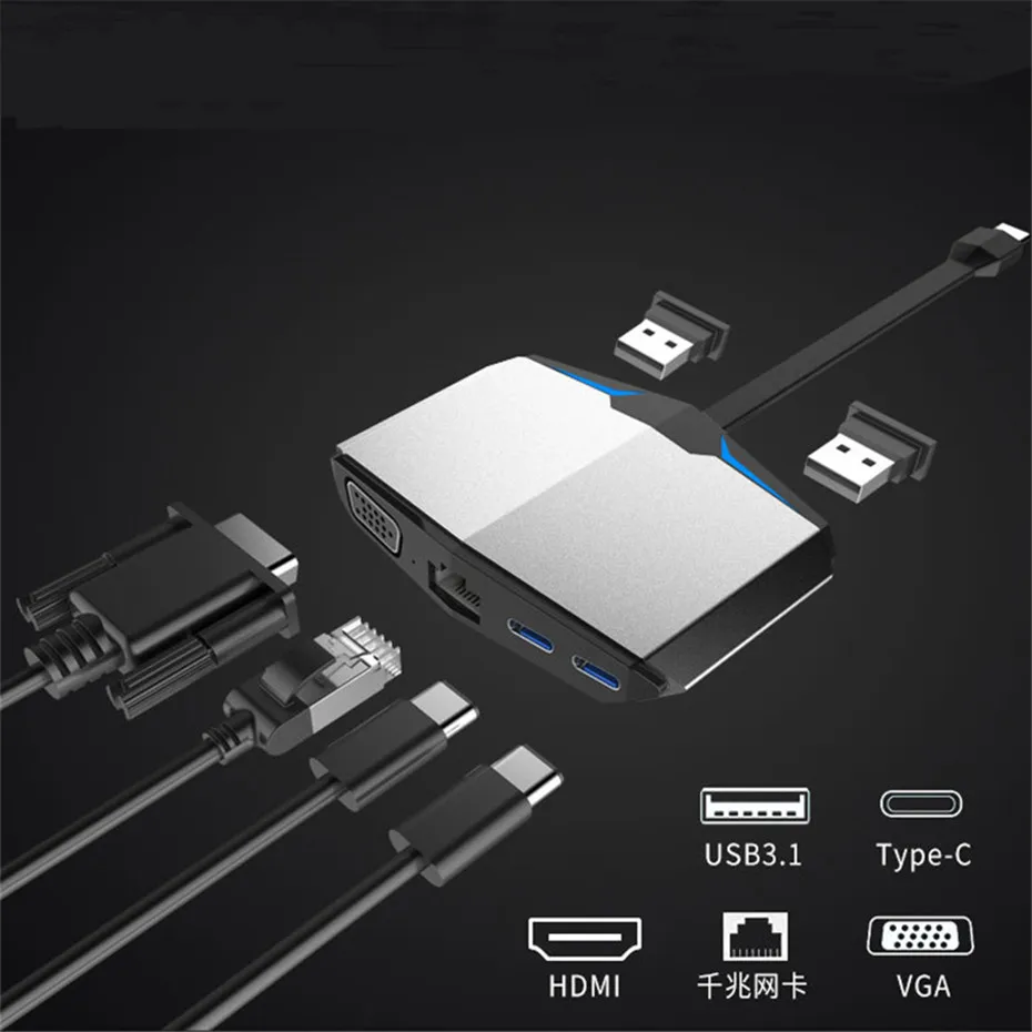 

usb hub 6-in-1 USB C Hub to VGA Rj45 1000Mbps Adapter with Thunderbolt 3 Type-C PD Date Transfer Port USB3.1Hubs for Macbook