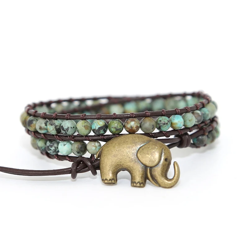 

Natural Stone African turquoises 2 Strand Leather Bracelets for Women Men Vintage Elephant ButtonWrap Bracelet Jewelry