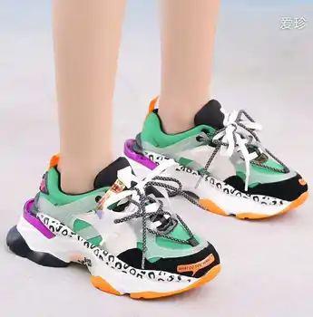 

Mixed Color Fashion Brand Sneakers Trainers Chunky Heels Lace Up Women Platform Sneaker Zapatillas Mujer Casual Female Shoes