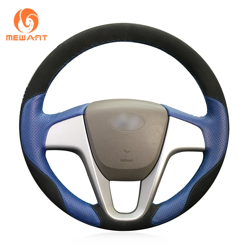 MEWANT Blue Leather Black Suede Car Steering Wheel Cover for Hyundai