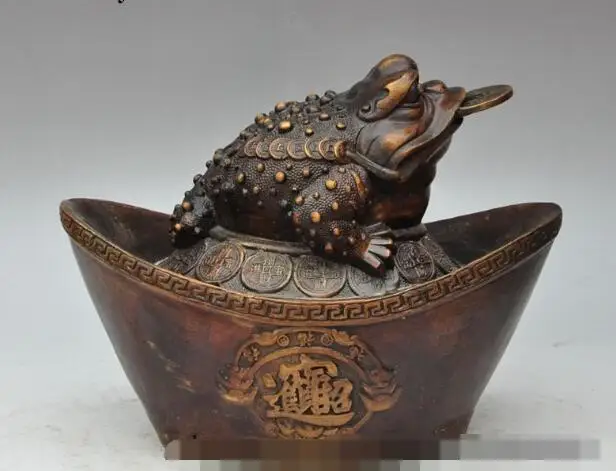 

S00322 11" chinese bronze golden toad bufo frog wealth money coin ingot yuanbao statue B0403