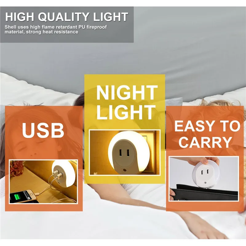 Wrumava дизайн 7 светодиодный ночник с датчиком света двойной USB настенная тарелка зарядное устройство для iphone смартфон 220 V/5 V/2A EU/US Plug