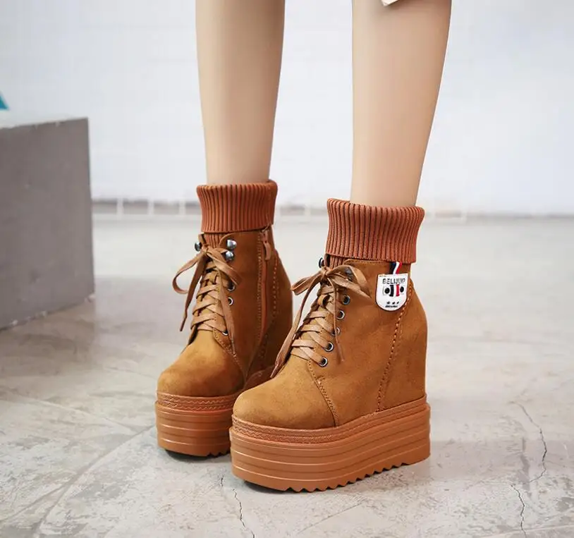 

2018 autumn and winter women new style warm with inner short plush lace up bowtie boots female side zipper wedge comfort boots