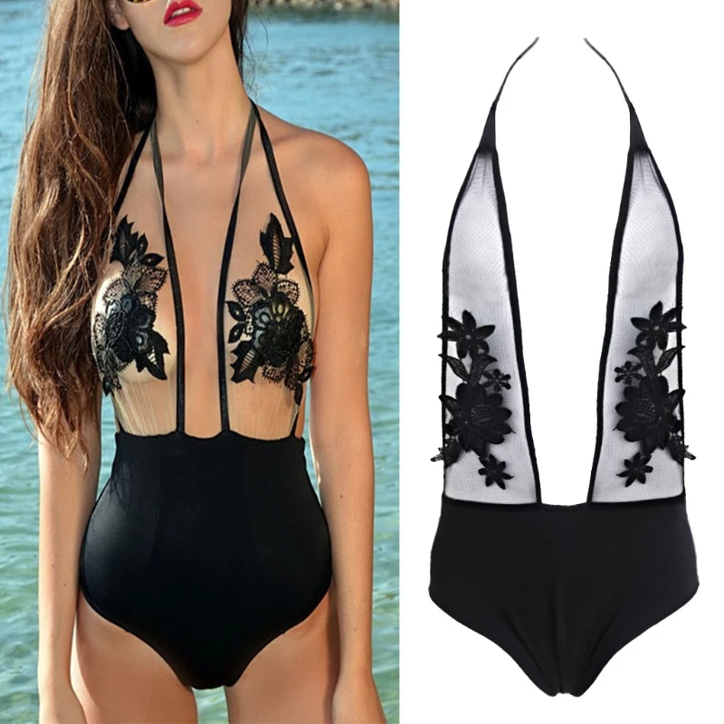 

Women Sexy Halter Floral Sheer Lace Hollow Bustier Jumpsuit Swimsuit Bathing Suit