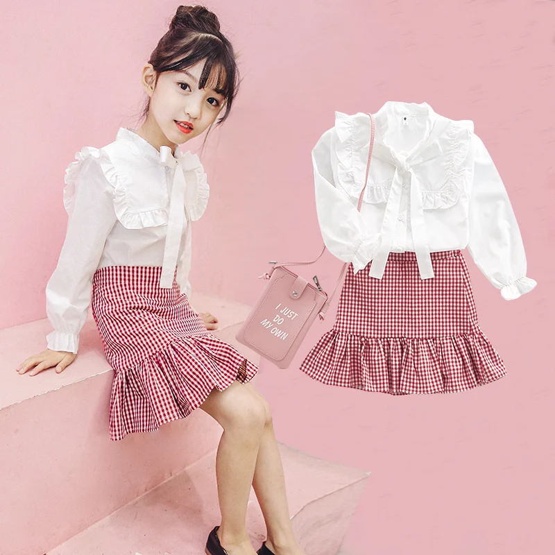 

6 7 8 9 10 11 12 13 14 Years Girls Clothing Set Spring Wear 2019 Teenage Girls Fashion Long Sleeve Blouses Shirts + Plaid Skirts