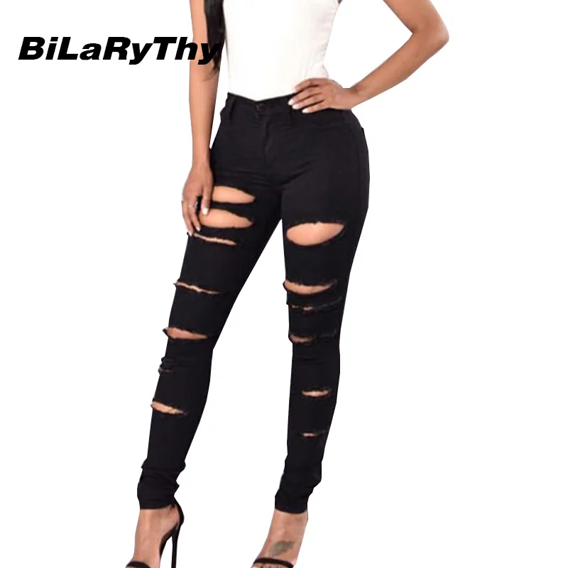 BiLaRyThy High Waist Ripped Jeans for Women Fashion Black Irregular