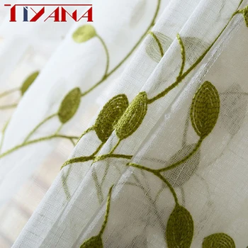 

Green Half Blackout Curtains For Bedroom Blue Tulle Curtain Embroidered Leaves polyester Linen Curtains Drapes For Living Room 2