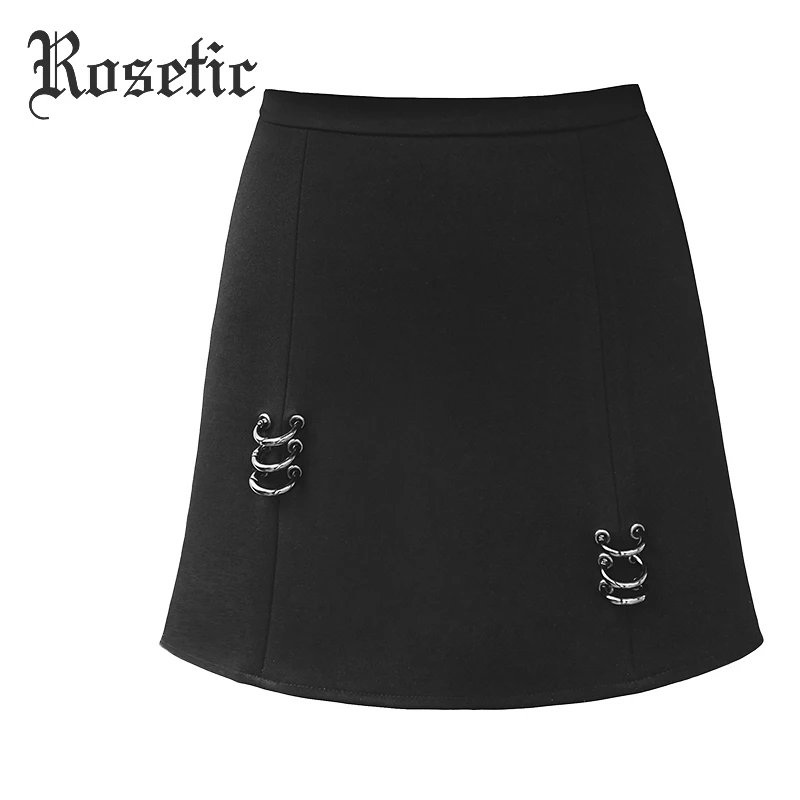 Rosetic, Готическая облегающая женская юбка, осенняя, черная, модная, трапециевидная, с 3D пряжкой, для улицы, сексуальная, мини-Клубная, Молодежная, повседневная, Готическая, мини-юбка