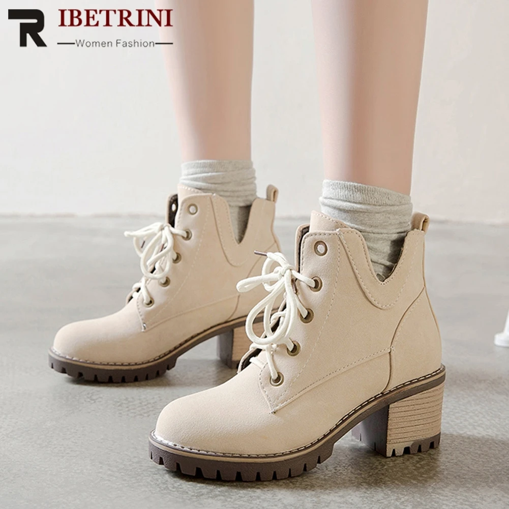 

RIBETRINI Motorcycle Boots Woman Fashion Lace Up Round Toe Square High Heels Ankle Boots Woman Size 34-43