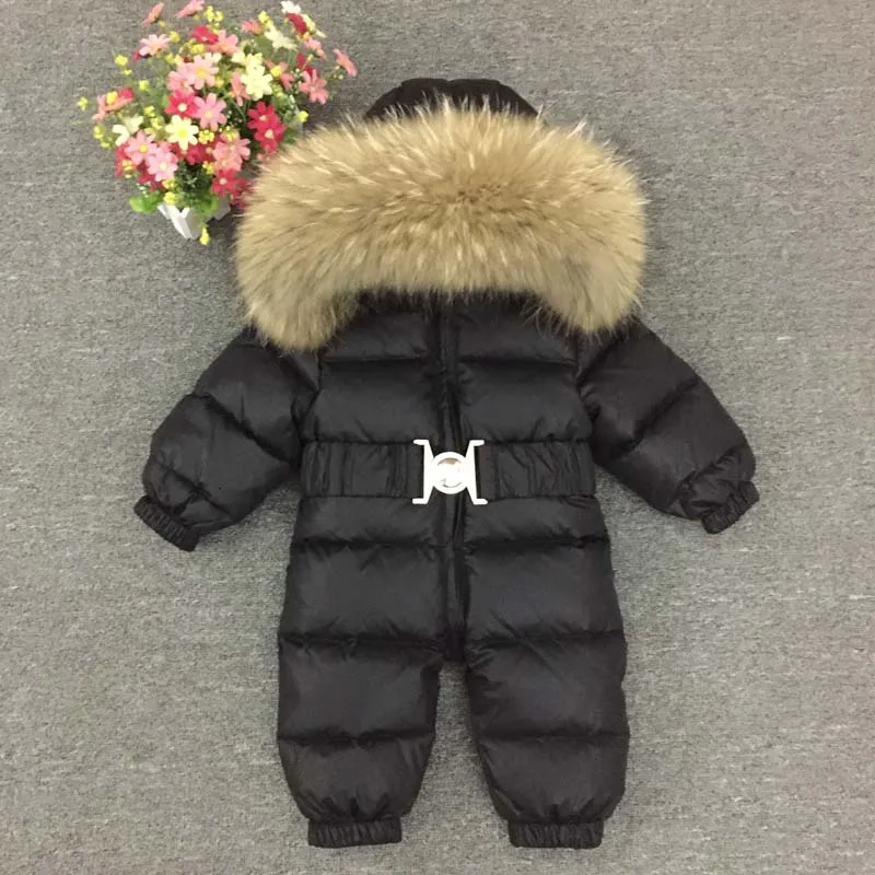 Детские комбинезоны для русской зимы-30 градусов, зимний толстый костюм для мальчиков, теплый зимний комбинезон для девочек, детский комбинезон, детская верхняя одежда, одежда для малышей - Цвет: black Raccoon fur
