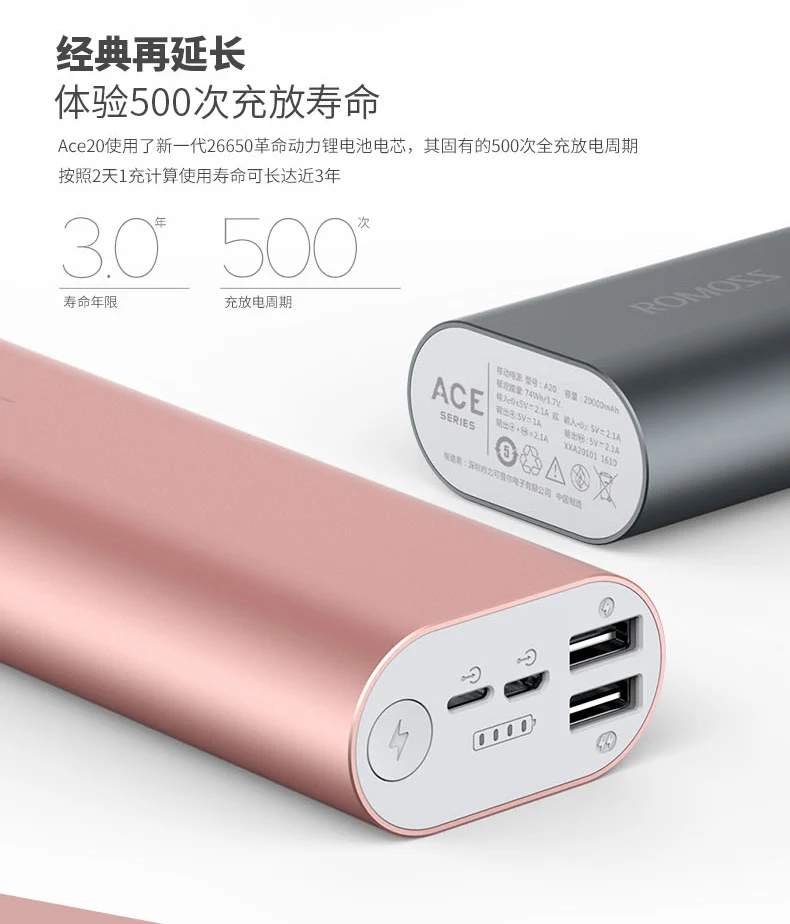 ROMOSS ACE20 20000 мАч двойной USB выход алюминиевый сплав внешний аккумулятор power Bank для iPhone 7 7plus планшетов