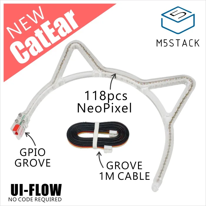 

M5Stack Official Cute Cat Ears Acrylic Handbands with 118Pcs NeoPixel LED Lights Control by UI-Flow with 1m GROVE Cable for Free