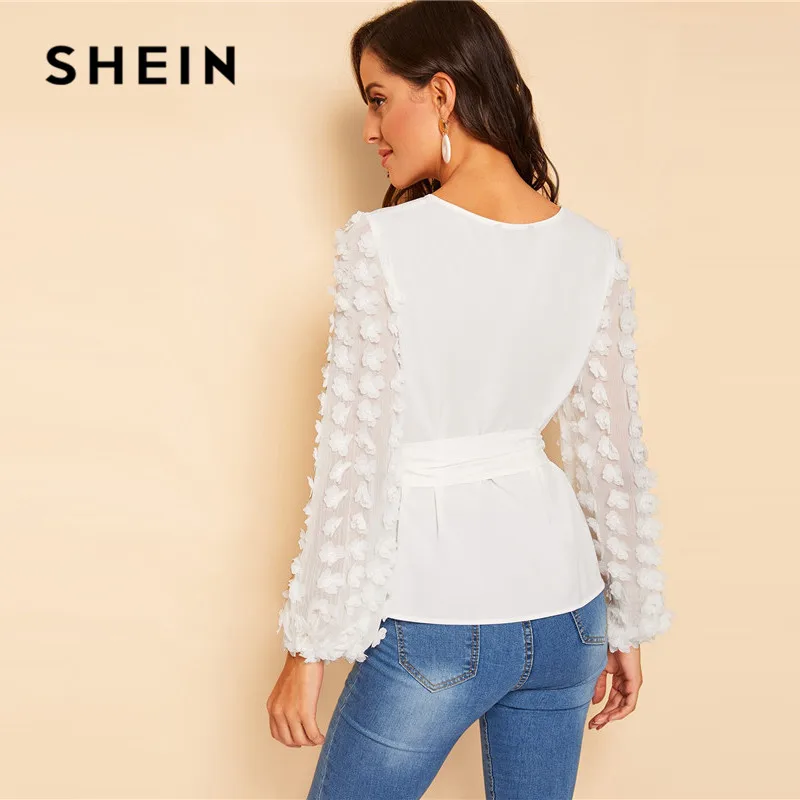 SHEIN белая блузка с аппликацией и рукавом-фонариком, женские топы, весенние элегантные топы с длинным рукавом и круглым вырезом, однотонные топы и блузки