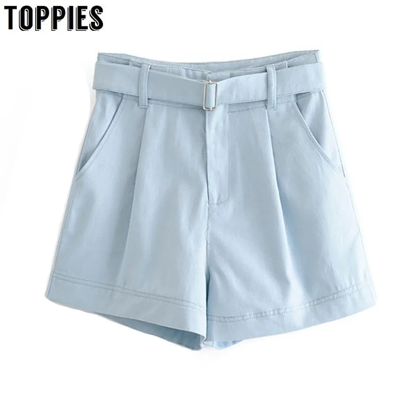 

2019 High Waist Denim Straight Shorts Office Lady Summer Hot Shorts Solid Color Belt Waist Short Trousers