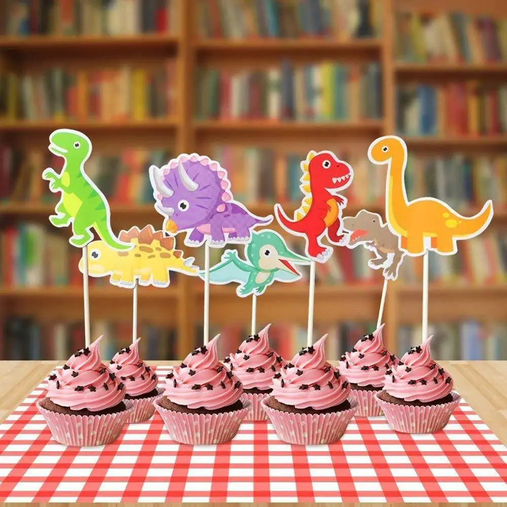 

7PCS Cartoon Dinosaur Cupcake Toppers Set Happy Birthday Party DIY Decorations Kids Dinosaur Party Cake Flag Baby Shower Favors