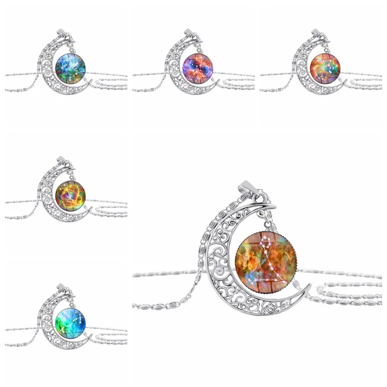 New Star Sky Universe Planet 12 Constellation Logo Crescent Necklace Moon Time Gemstone Pendant Necklace Half Moon Planet Zodiac Necklace
