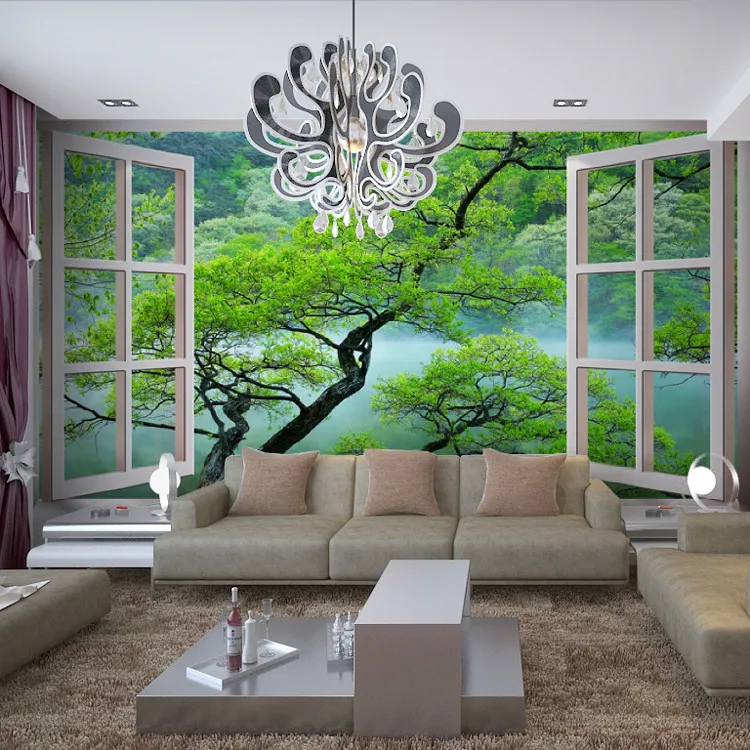 

3d fake window landscape tree wallpaper living room sofa background wall bedroom parlor hotel room extension mural