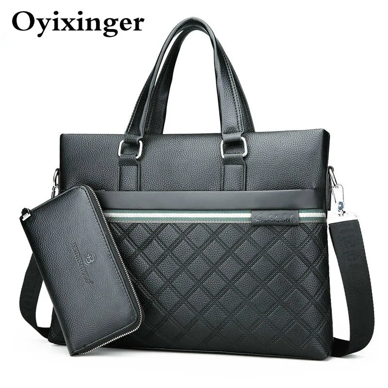 

Business Men Shoulder Bags Plaid Laptop Business Bag For Dell Men's Messenger Leather Bag Man Black Briefcase For Macbook Air 14