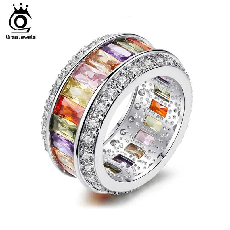 ORSA JEWELS Rainbow Colorful Rings Eternity For Women Classic Wedding & Engagement Band Handmade Female Fashion Jewelry PR50