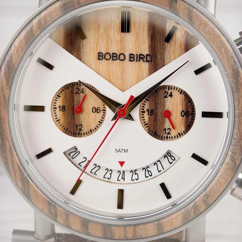 BOBO BIRD Men Wooden Watch Wood Quartz Saat erkek Wristwatches Male Stopwatch Japanese movement Show Date Gift 2 time zone