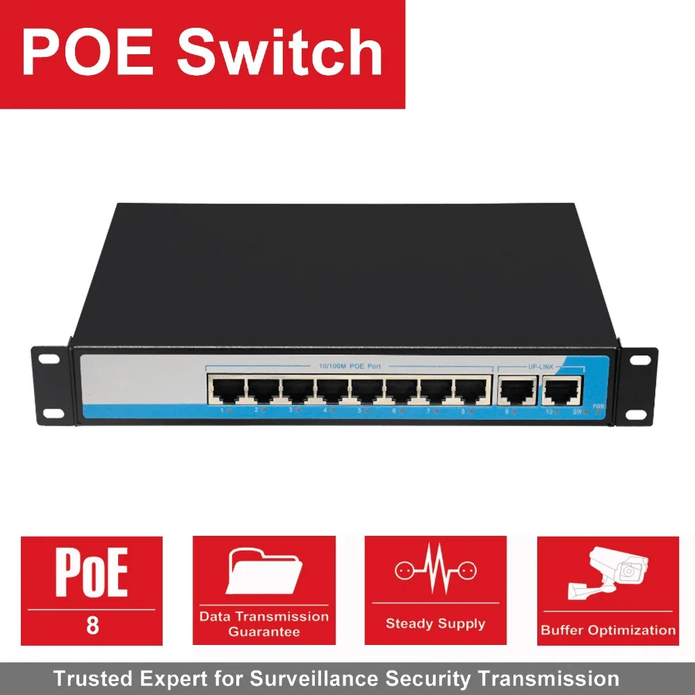8 Port 100Mbps IEEE802.3af POE Switch/Injector Power over Ethernet Network Switch for IP Camera VoIP Phone AP devices 2 Up-link