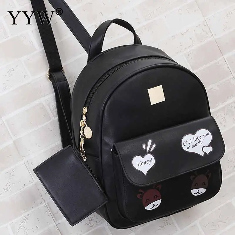 Cartton Pattern Black PU Leather Backpack Female Small Backpacks for Adolescent Girls Pink Mini Travel School Bag with Purse