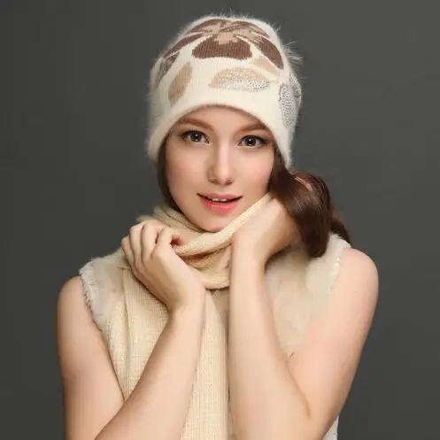 Зимние женские наборы шарф шапка зимние утолщенные шерстяные вязаные шапки повседневные модные теплые шапки с помпоном M163 - Цвет: beige hat scarf set
