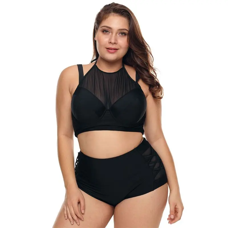 

Womens Plus Size Sexy Two Piece Bikini Set Halter Neck Underwire Padded Crop Top High Waist Criss Cross Mesh Patchwork Briefs