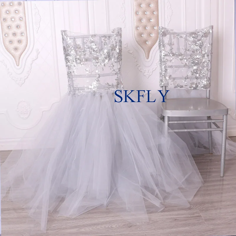 

CH126A Unique design standard chiavari vey puffy silver grey floral sequin and tulle chair cover