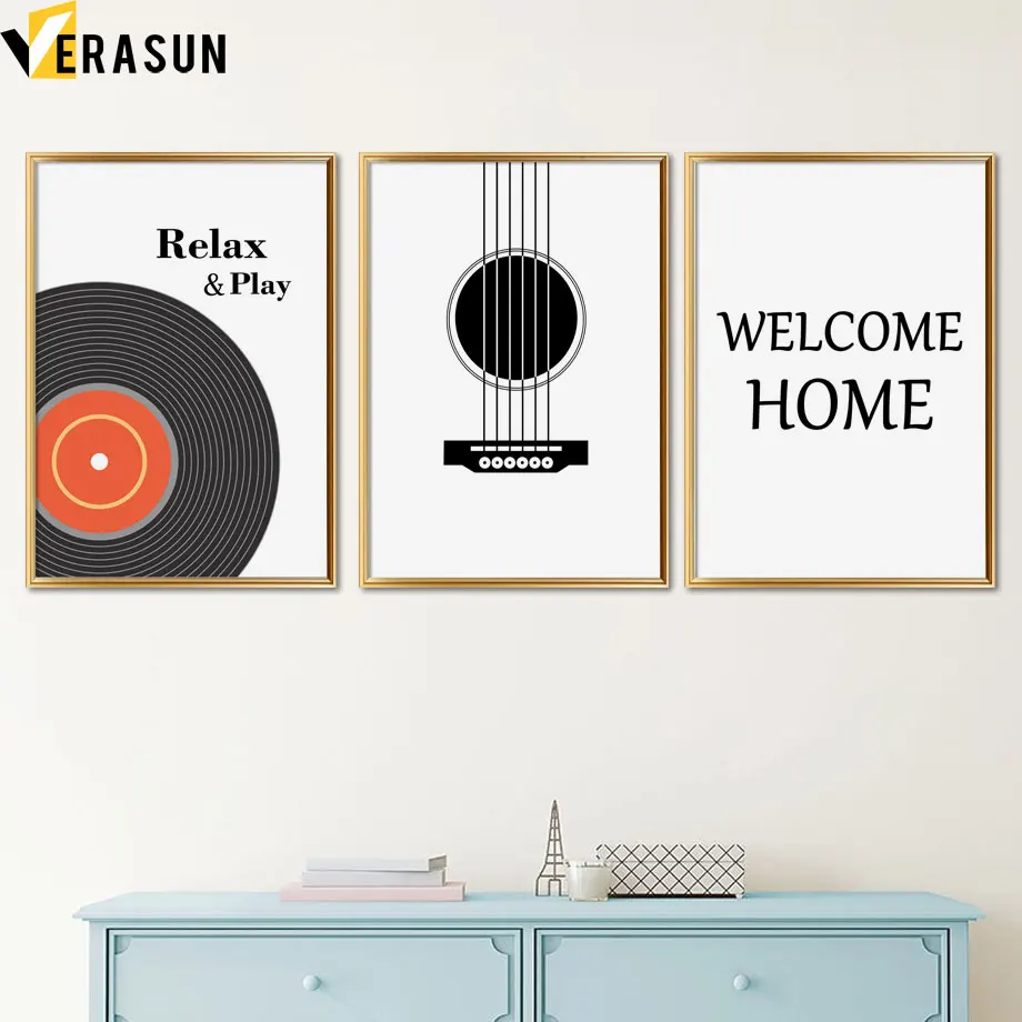 

Record Guitar Welcome Home Scandinavian Wall Art Canvas Painting Nordic Posters And Prints Wall Pictures For Living Room Decor