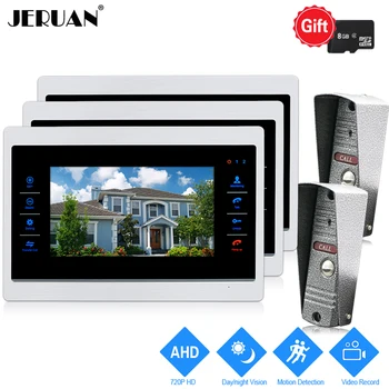 

JERUAN 720P AHD HD Motion Detection 10 inch LCD Video Door Phone Intercom System 3 Record Monitor +2 HD IR Mini 1.0MP Camera 2V3