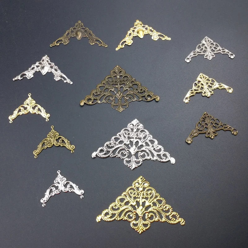 20pcs/lot  Triangle kite Metal Filigree Flowers Slice Charms base Setting Jewelry DIY Components Box crafts cosplay  Accessories