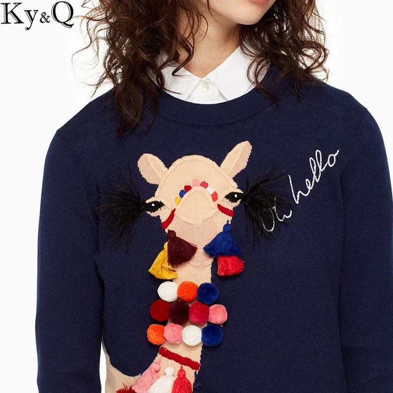 

2018 Sweet Girl Runway Blue Knitted Sweater Pullover Women Streetwear Alpaca Appliques Tassel Long Sleeve Female Jumper Clothing