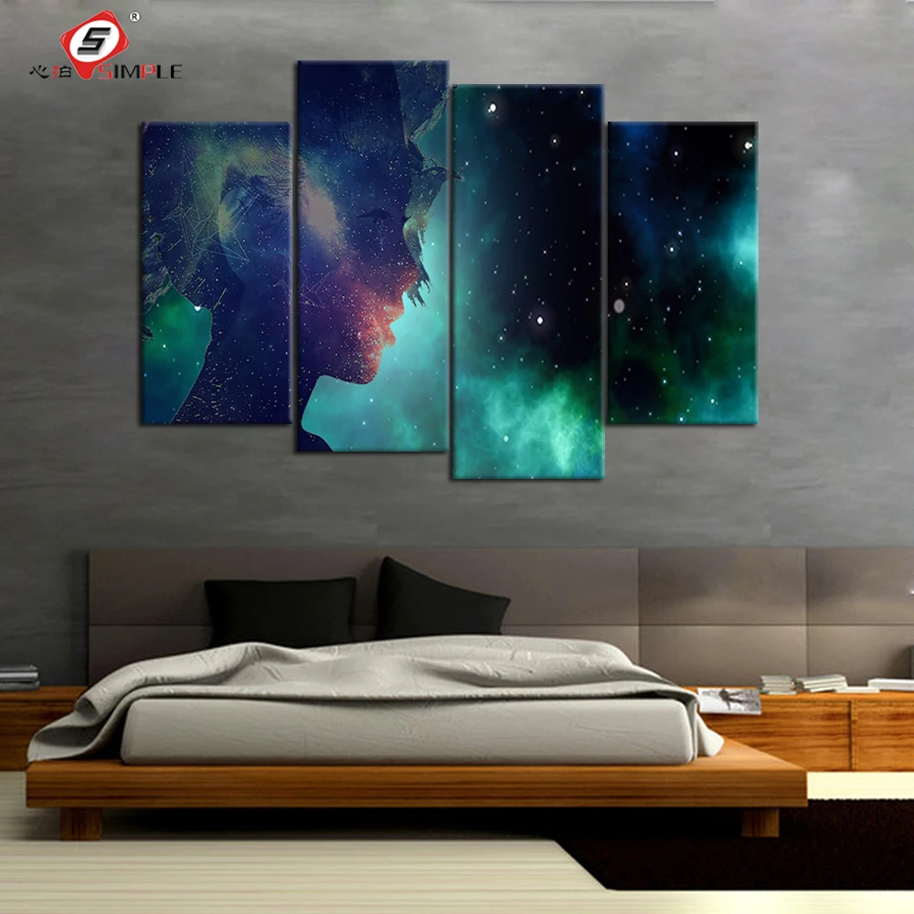 Us 10 79 28 Off Simple Drop Shipping Canvas Painting 4pcs Girl Star Space Canvas Set Wall Decor Living Room Pictures Modular Wall Paintings In
