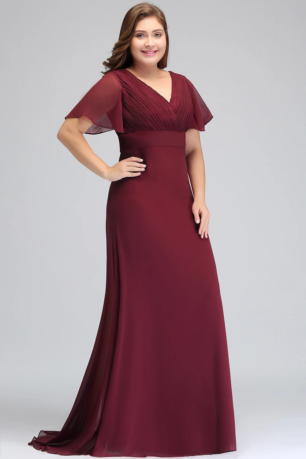 SALE Plus Size Long Red Evening Dresses Women Birthday Gift Mermaid Chiffon Party Robe Engagement Elegant V-neck Short Sleeves
